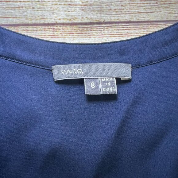 Vince Navy Blue Silk Blouse Size 8 Long Sleeve Pullover V-Neck Button Cuff Top - Picture 8 of 11